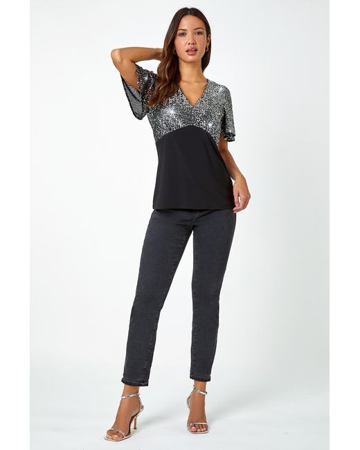 Roman Black Embellished Sequin Stretch Top