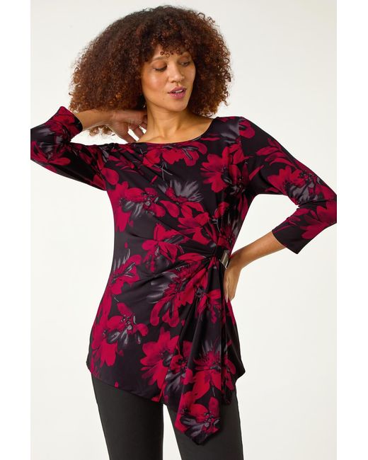 Roman Red Floral Print Asymmetric Top