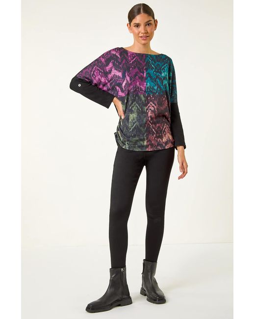 Roman Gray Colour Block Print Stretch Sleeve Top