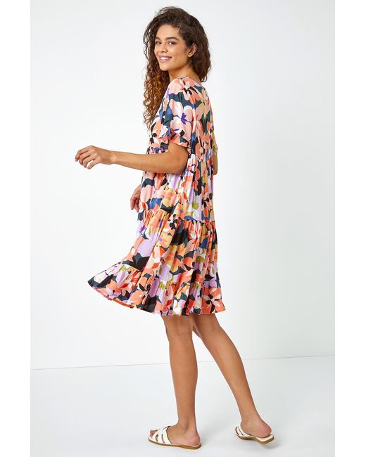 Roman White Floral Print Frill Hem Dress