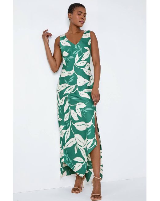 Roman Green Leaf Print Satin Midi Dress