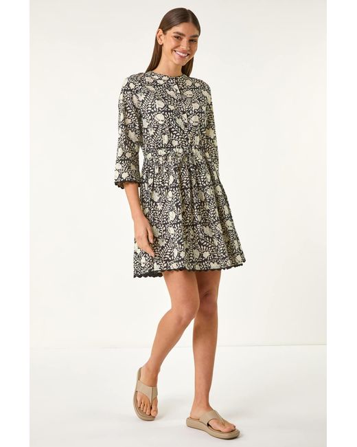 Roman Black Floral Frill Buttoned Smock Dress