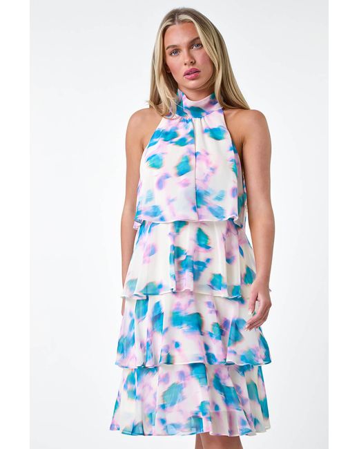 Roman Petite Blue Abstract Tie Neck Tiered Dress