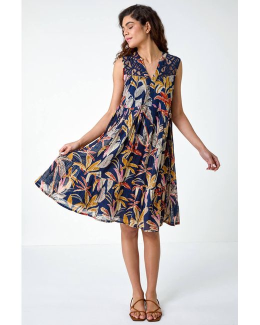 Roman Blue Cotton Tropical Lace Detail Tiered Dress