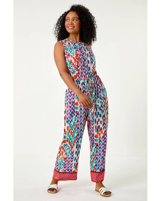 Roman Petite Red Aztec Border Print Jumpsuit