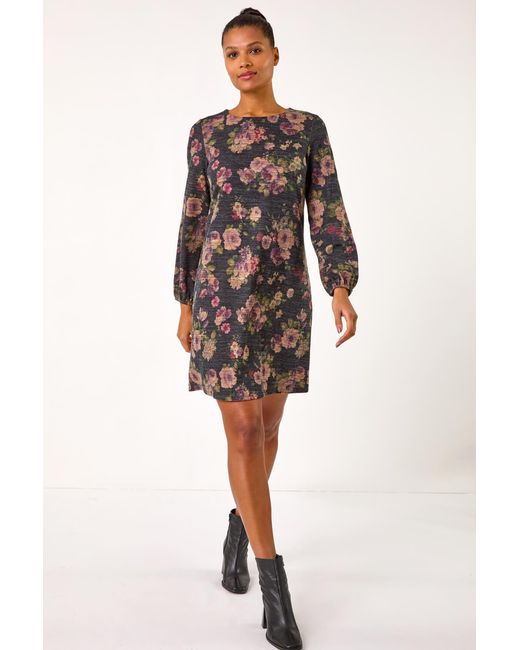 Roman Purple Floral Print Stretch Swing Dress