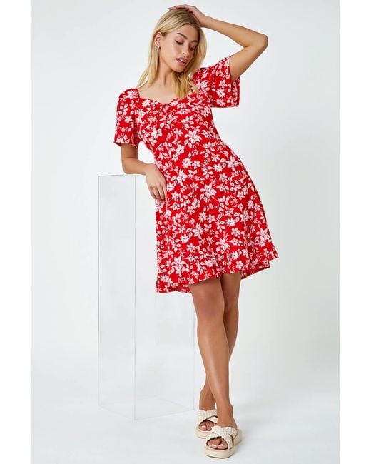 D.u.s.k Red Floral Print Frill Hem Mini Dress