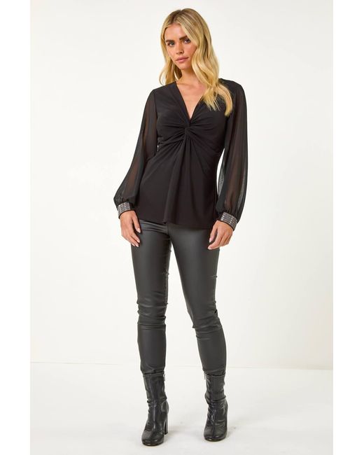Roman Petite Black V-Neck Diamante Cuff Stretch Top
