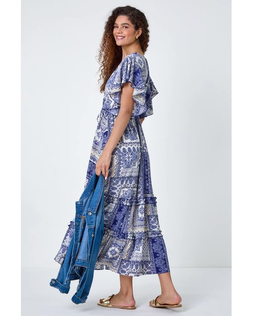 Roman Blue Patchwork Print Tiered Wrap Maxi Dress