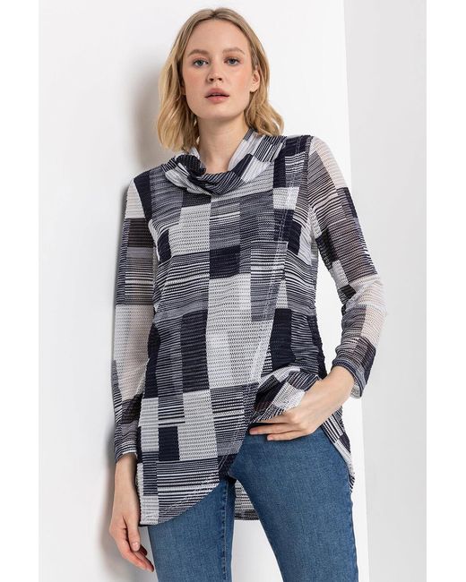 Roman Blue Abstract Colourblock Cowl Neck Tunic