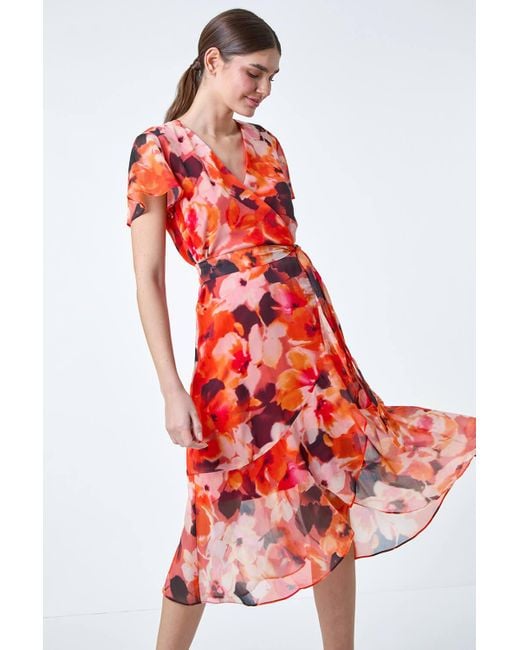 Roman Red Floral Print Chiffon Wrap Dress