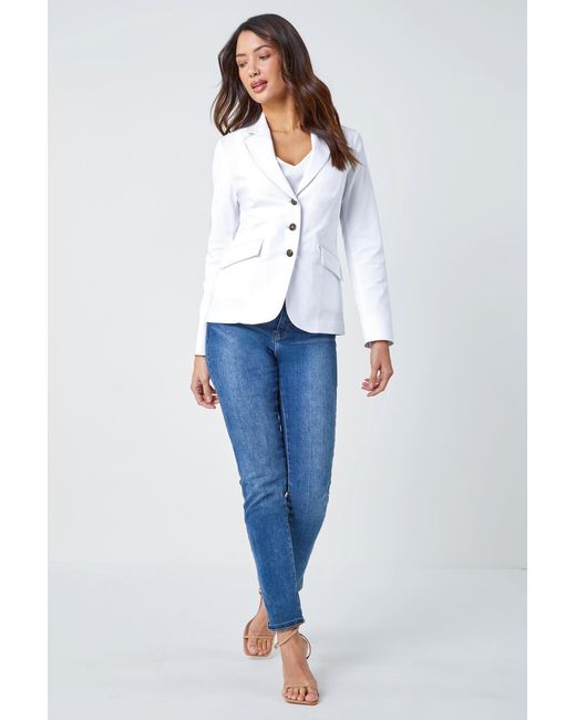 Roman White Stretch Button Detail Blazer