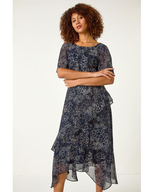 Roman Blue Floral Spot Print Frill Midi Dress