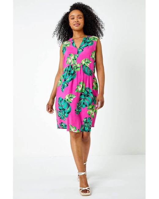 Roman Petite White Tropical Print Smock Dress