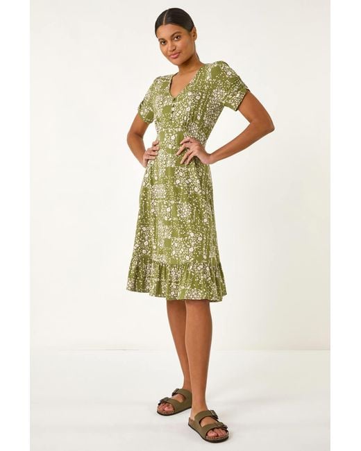 Roman Green Floral Print V-Neck Button Dress