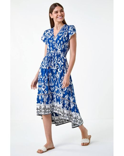 Roman Blue Aztec Print Dipped Hem Midi Dress