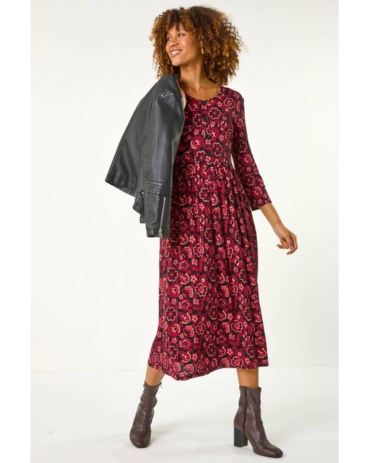 Roman Red Floral Print Button Stretch Midi Dress