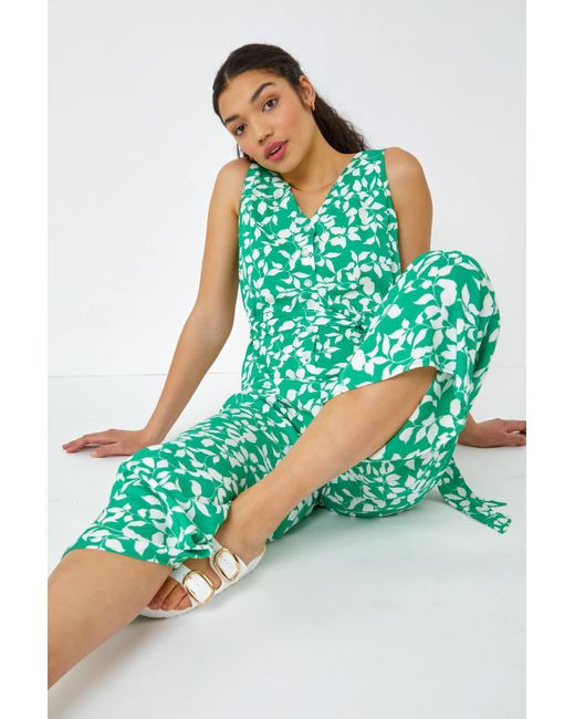 Roman Green Dusk Fashion Sleeveless Leaf Print Button Jumpsuit