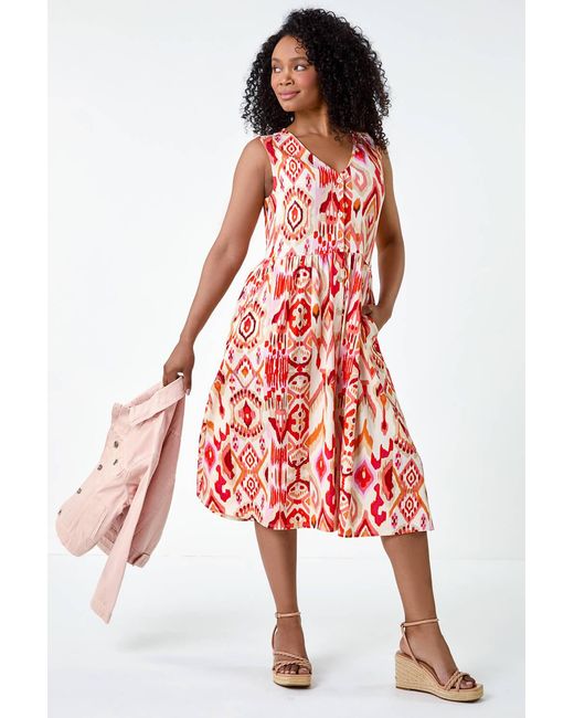 Roman Petite Red Aztec Button Stretch Midi Dress