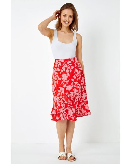 Roman Red Floral Frill Detail Wrap Skirt