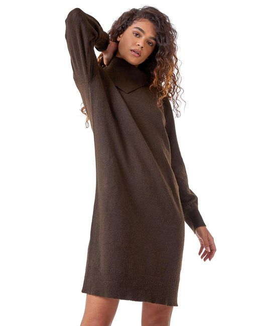 Roman Brown Split Neck Ribbed Knit Dress