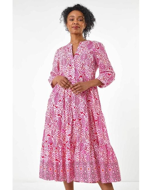 Roman Petite Pink Aztec Tiered Midi Dress