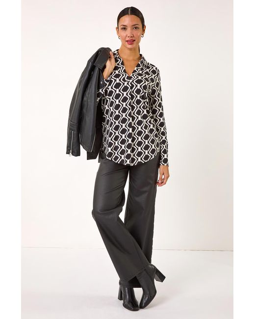 Roman Black Mono Chain Print V-Neck Stretch Top
