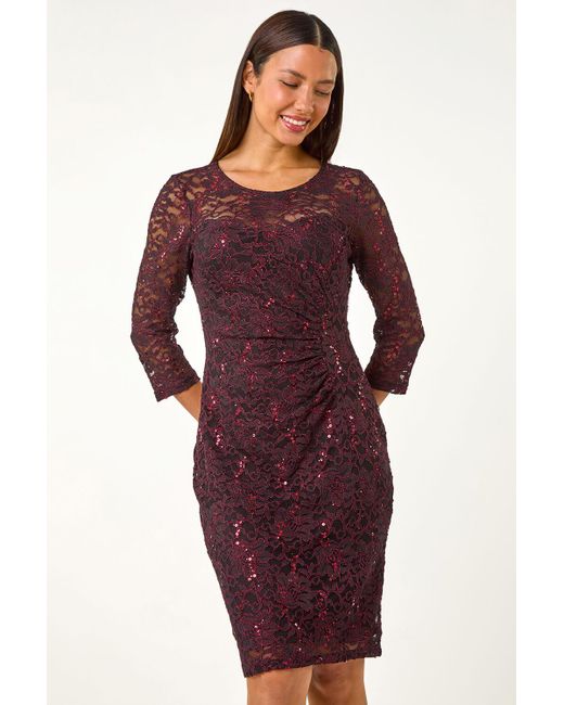 Roman Red Sequin Lace Ruched Stretch Dress