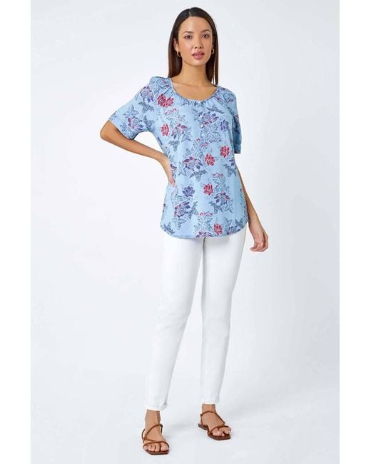 Roman Blue Floral Print Button Detail Top