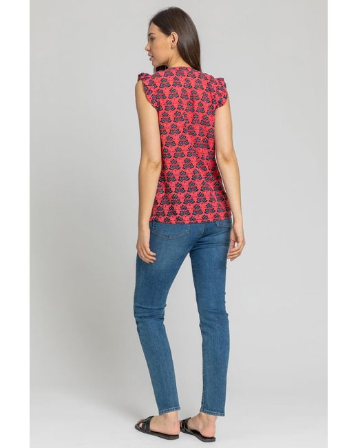 Roman Red Sleeveless Frill Detail Floral Blouse