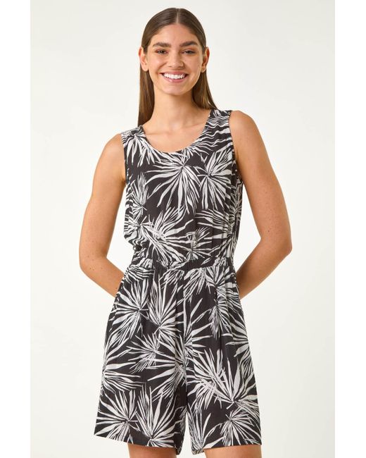 Roman Black Leaf Print Crinkle Playsuit