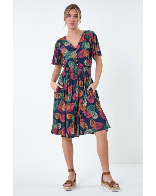 D.u.s.k Blue Leaf Print Button Detail Dress