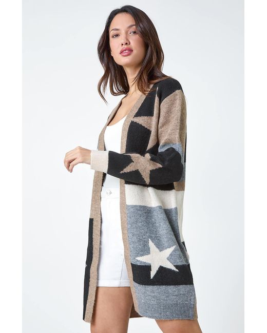 Roman Black Star Print Longline Stretch Cardigan