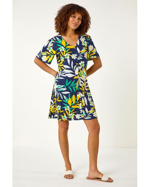 Roman Green Leaf Button Detail Tea Dress