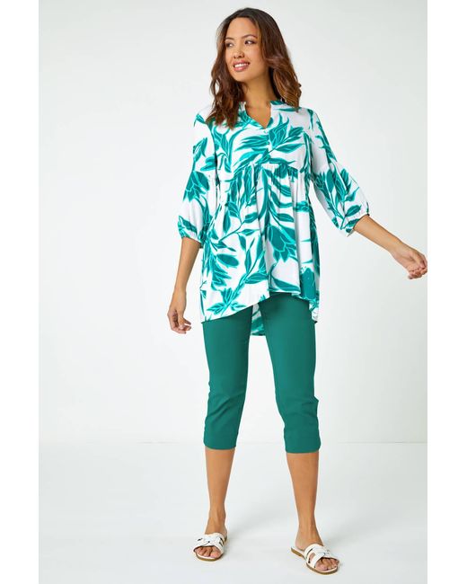 Roman Blue Palm Print V-Neck Tunic Overshirt