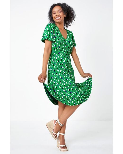 Roman Petite Green Spot Frill Hem Stretch Skater Dress