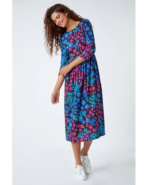 Roman Blue Floral Print Midi Stretch Dress