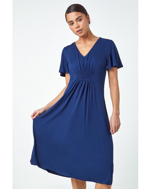Roman Petite Blue Pleated Midi Stretch Dress