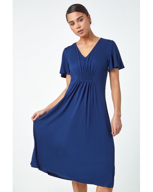 Roman Blue Originals Petite Pleated Midi Stretch Dress