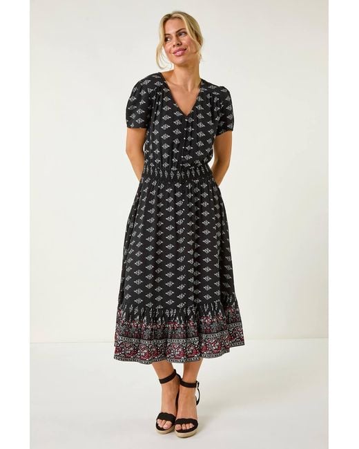 Roman Petite Black Geo Print Border Midi Dress
