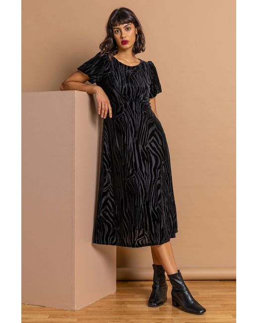 Roman Black Zebra Print Burnout Velvet Dress