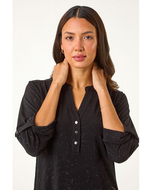 Roman Black Metallic Linear Floral Stretch Shirt