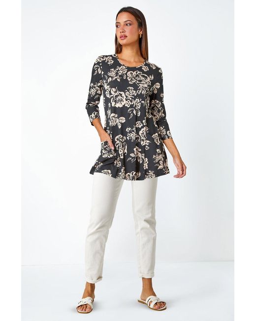 Roman Blue Floral Print Pocket Stretch Swing Top