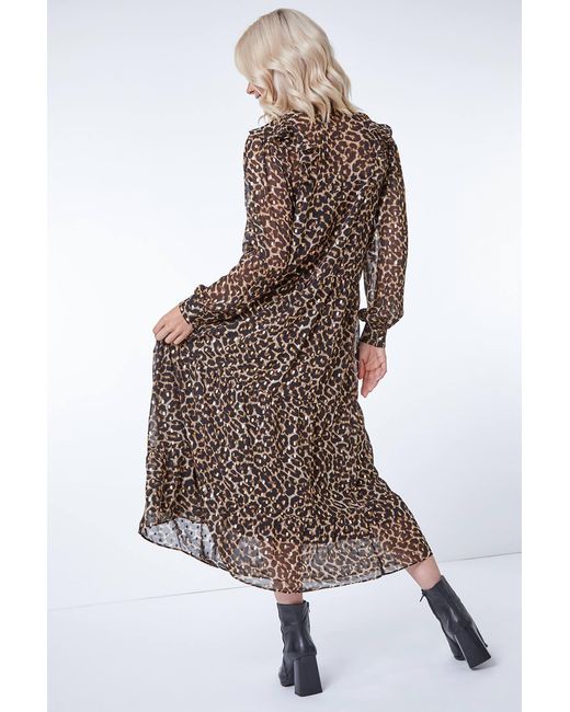D.u.s.k Brown Leopard Print Chiffon Tiered Ruffle Dress