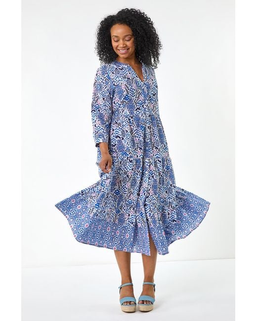 Roman Petite Blue Aztec Tiered Midi Dress