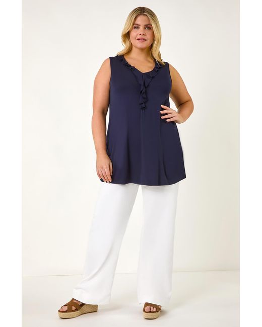 Roman Curve Blue Ruffle Neck Vest Top