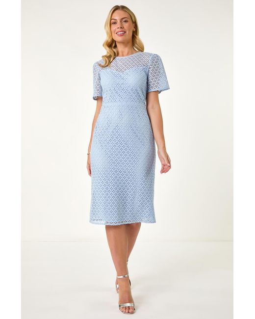 Roman Petite Blue Lace Short Sleeve Dress