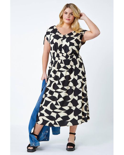 Roman Curve White Geometric Print Ruched Stretch Midi Dress