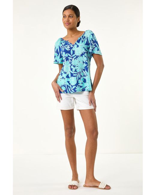 Roman Blue Textured Print Notch Neck Top
