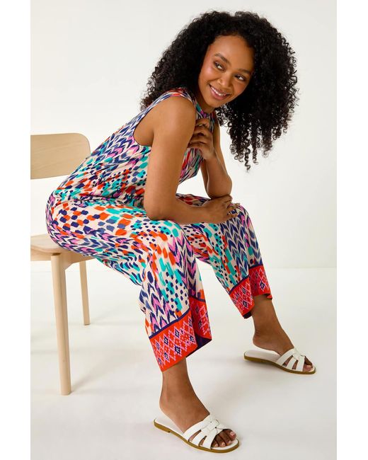 Roman Petite Red Aztec Border Print Jumpsuit